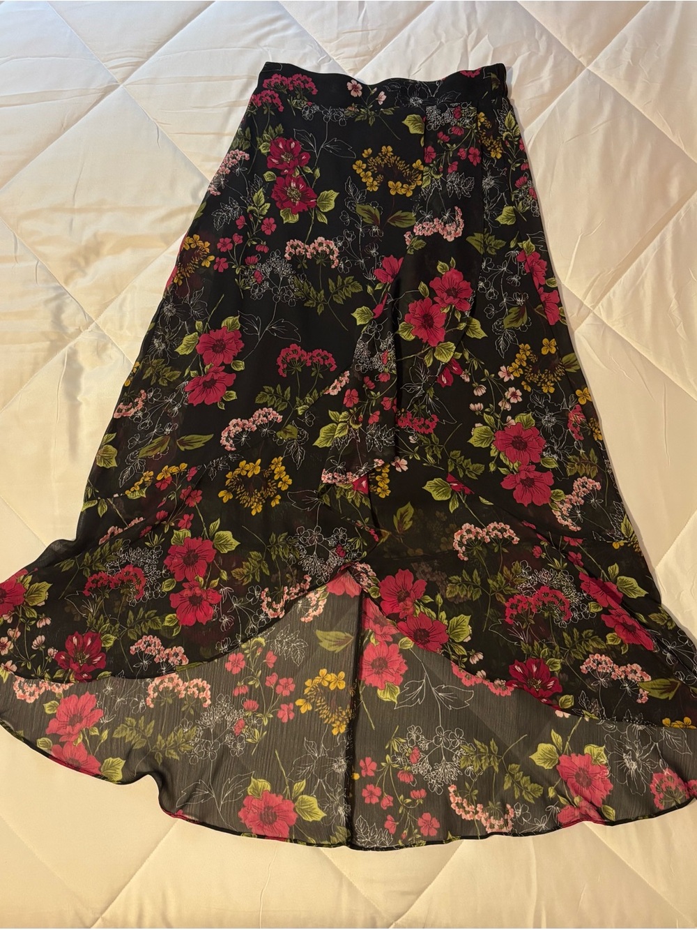 Floral Faux Wrap Midi Skirt in Black with Pink & Green Floral Print